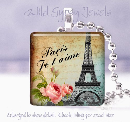 Paris Eiffel Tower Je t'aime ephemera roses 1" glass tile pendant necklace