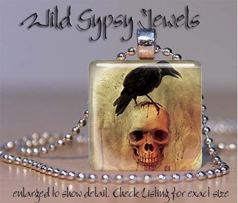 Poe Nevermore Crow skull Grunge punk 1" glass tile pendant necklace