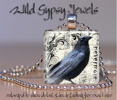 Nevermore Crow Poe grungy punk 1" glass tile pendant necklace
