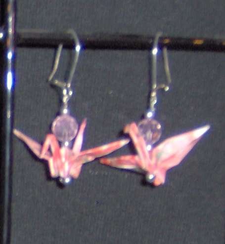 Pink-patterned Origami Crane Earrings