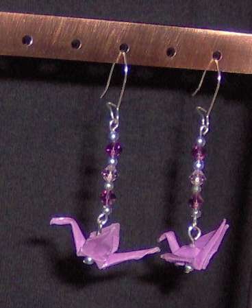 Purple swarovski-accented Origami Crane Earrings