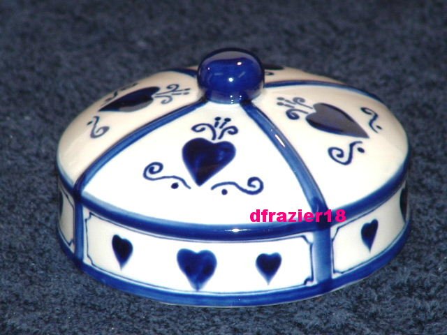 BLUE & WHITE HEARTS Jar Candle Topper Ceramic Dome Heart