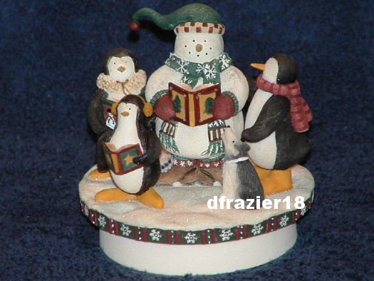 CAROLERS Jar Candle Topper Debbie Mumm Christmas Penguins Snowman Decoration