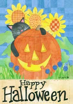 HALLOWEEN CAT Toland Decorative Garden Flag Mini Jack-O-Lantern Sunflowers