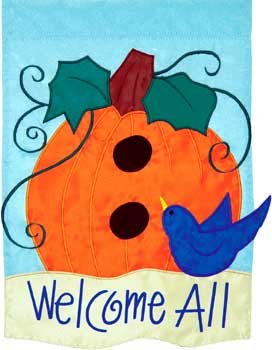PUMPKIN BIRDHOUSE Toland Garden Flag Large Applique Fall Autumn