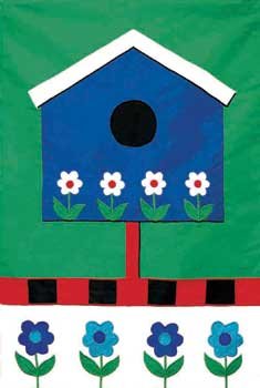 BLUE BIRDHOUSE Toland Decorative Garden Flag Large Applique Bird House