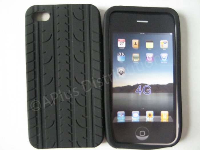 New Black Tire Print Pattern Design Silicone Cover For iPhone 4 - (0009)