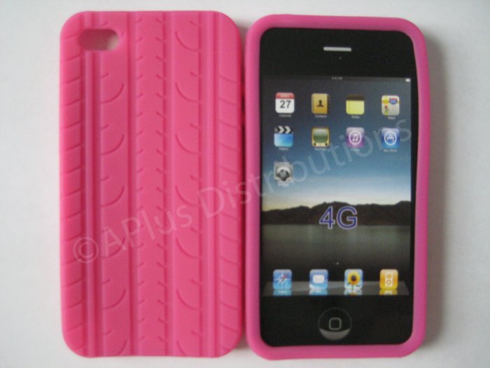 New Hot Pink Tire Print Pattern Silicone Cover For iPhone 4 - (0127)