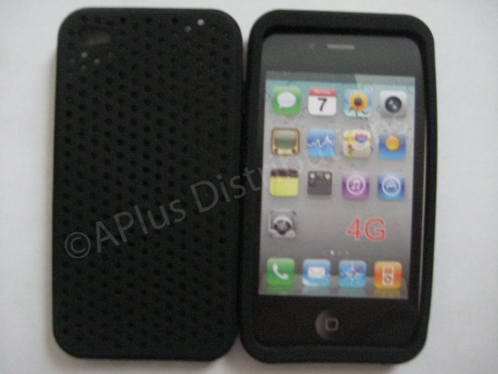 New Black Breathable Mesh Design Silicone Cover For iPhone 4 - (0174)