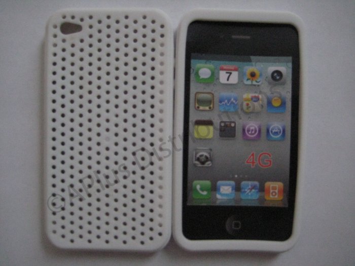 New White Breathable Mesh Design Silicone Cover For iPhone 4 - (0166)