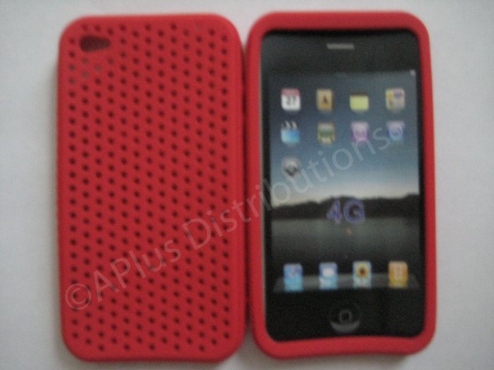 New Red Breathable Mesh Design Silicone Cover For iPhone 4 - (0168)
