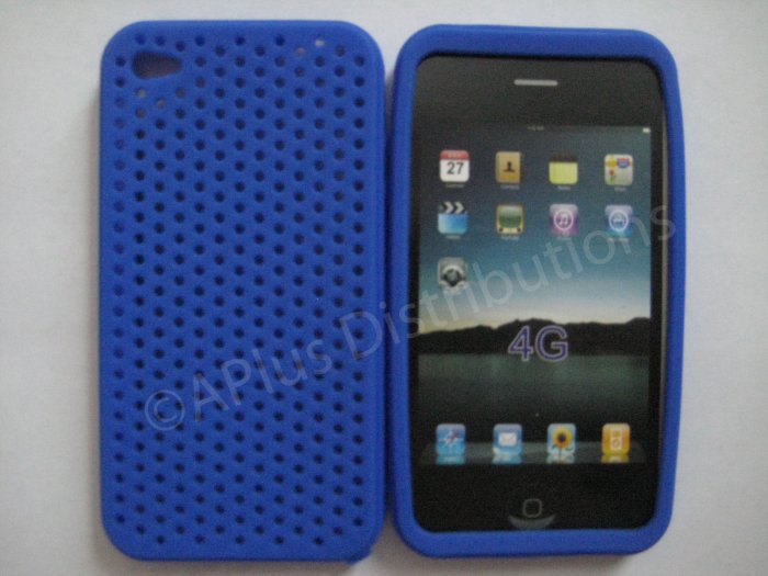 New Dark Blue Breathable Mesh Design Silicone Cover For iPhone 4 - (0172)