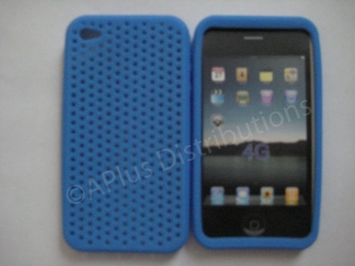 New Light Blue Breathable Mesh Design Silicone Cover For iPhone 4 - (0173)
