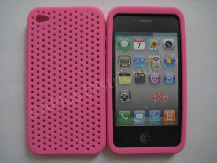 New Hot Pink Breathable Mesh Design Silicone Cover For iPhone 4 - (0164)
