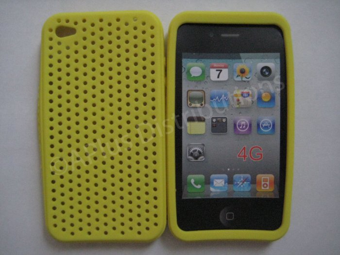 New Yellow Breathable Mesh Design Silicone Cover For iPhone 4 - (0171)