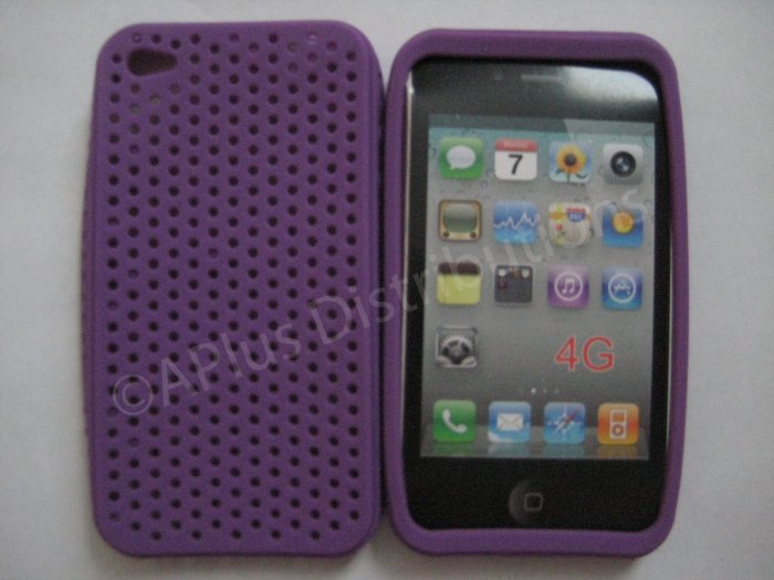 New Purple Breathable Mesh Design Silicone Cover For iPhone 4 - (0170)