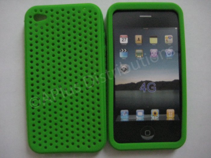 New Lime Green Breathable Mesh Design Silicone Cover For iPhone 4 - (0165)