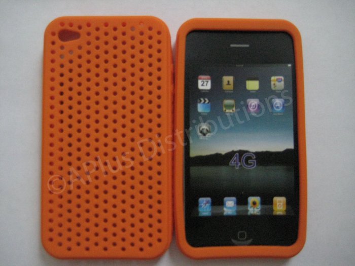 New Orange Breathable Mesh Design Silicone Cover For iPhone 4 - (0167)