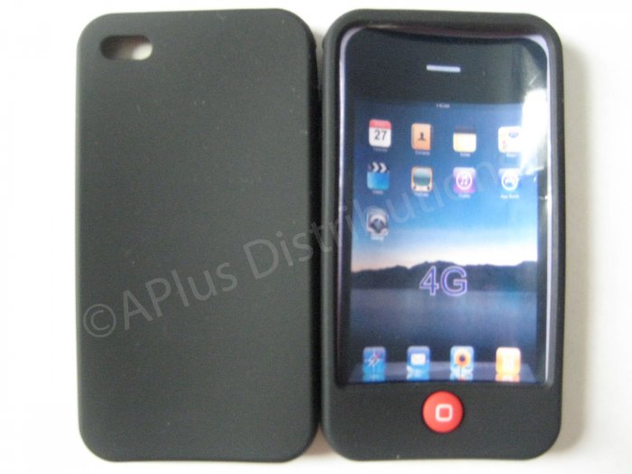 New Black Solid Color W/Candy Button Design Silicone Cover For iPhone 4 - (0157)