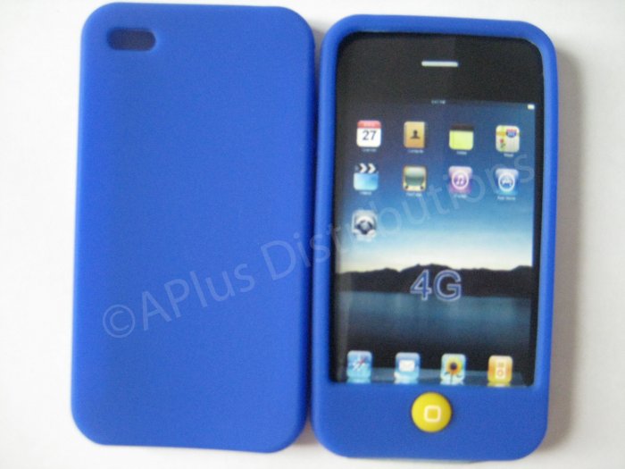 New Dark Blue Solid Color W/Candy Button Design Silicone Cover For iPhone 4 - (0154)