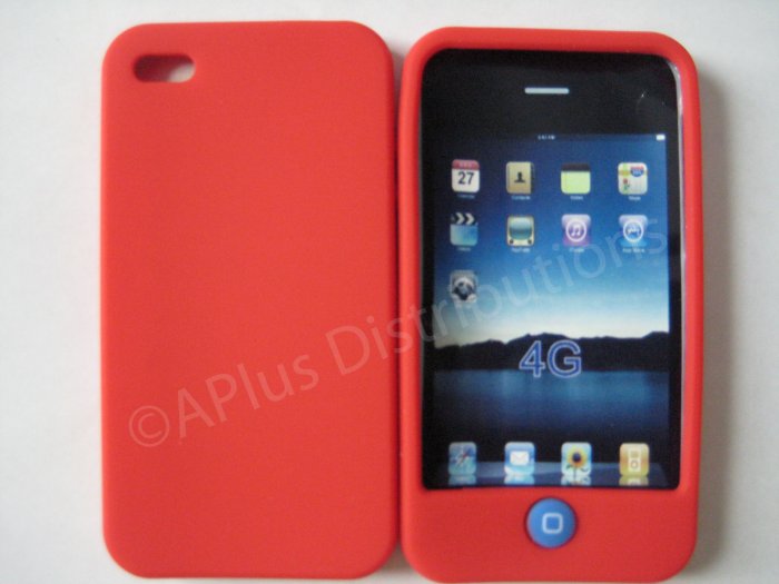 New Red Solid Color W/Candy Button Design Silicone Cover For iPhone 4 - (0155)