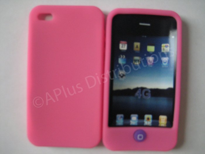 New Pink Solid Color W/Candy Button Design Silicone Cover For iPhone 4 - (0153)