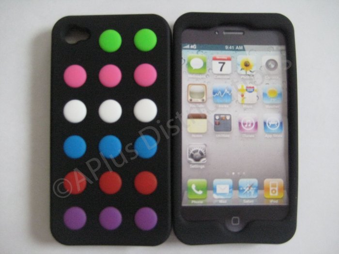 New Black Colorful Beans Dots Design Silicone Cover For iPhone 4 - (0139)