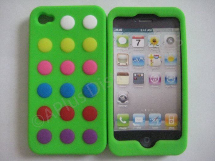 New Lime Green Colorful Beans Dots Design Silicone Cover For iPhone 4 - (0143)