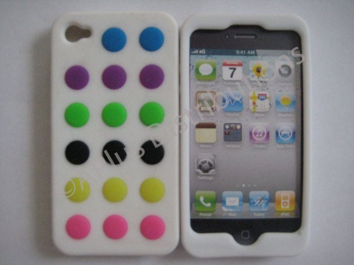 New White Colorful Beans Dots Design Silicone Cover For iPhone 4 - (0146)