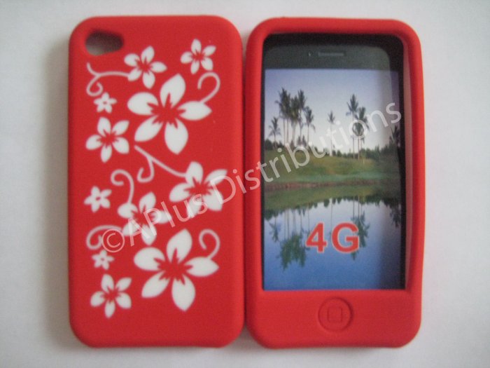 New Red Hawaiian Print Flower Design Silicone Cover For iPhone 4 - (0123)