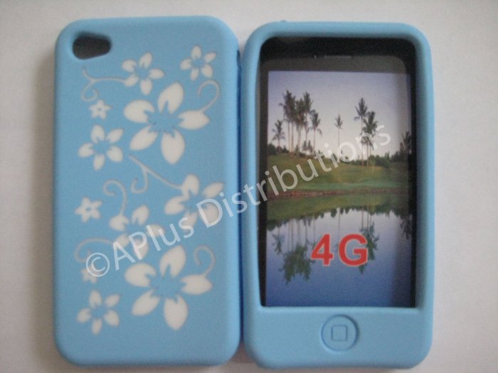 New Light Blue Hawaiian Print Flower Design Silicone Cover For iPhone 4 - (0122)