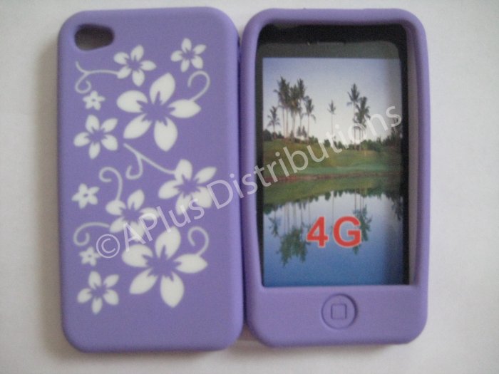 New Purple Hawaiian Print Flower Design Silicone Cover For iPhone 4 - (0121)