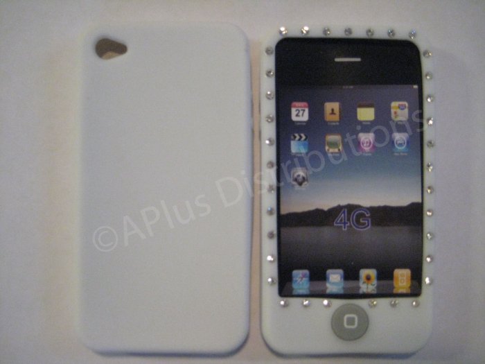 New White Diamond Outlined Design Silicone Cover For iPhone 4 - (0150)