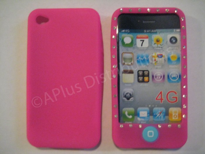 New Hot Pink Diamond Outlined Design Silicone Cover For iPhone 4 - (0147)