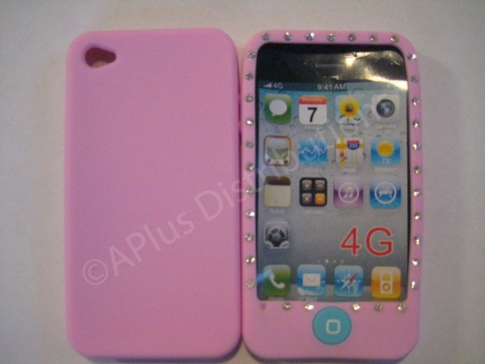 New Pink Diamond Outlined Design Silicone Cover For iPhone 4 - (0148)