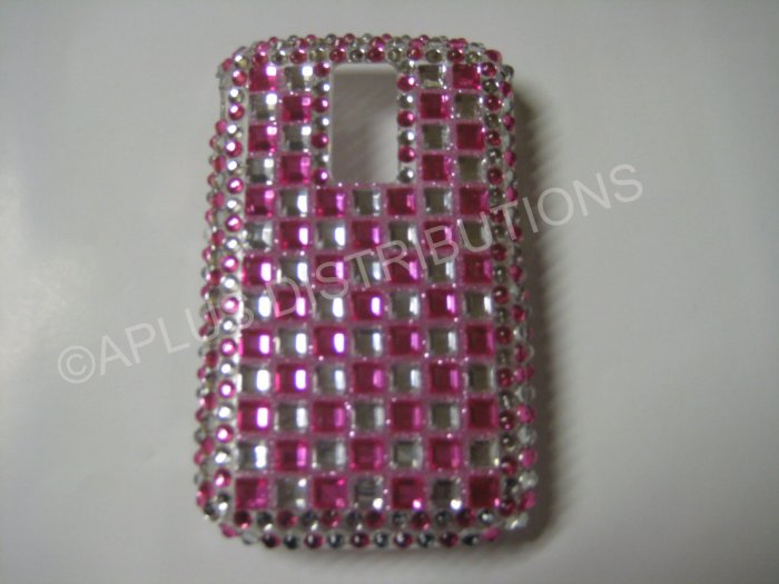 New Hot Pink Retro Checkered Pattern Bling Diamond Case For Blackberry 9000 - (0069)