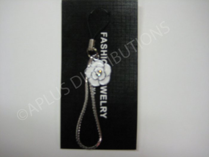 NEW Crystal Cell Phone Charm- White Single Rose