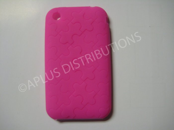 New Hot Pink Puzzle Pattern Silicone Cover For iPhone 3G 3GS - (0028)