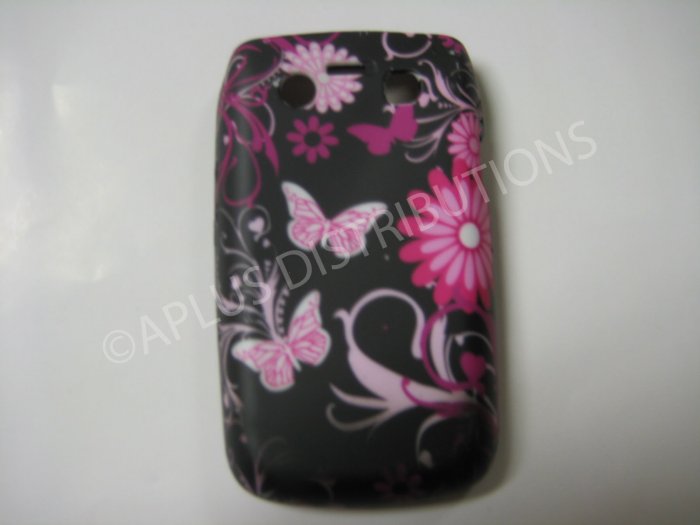New Black Butterfly W/Flowers TPU Cover For Blackberry 9700 - (0135)
