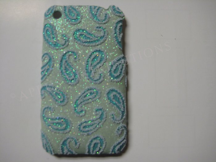 New Light Blue Glittery Feather Design Hard Protective Cover For iPhone 3G 3GS - (0028)