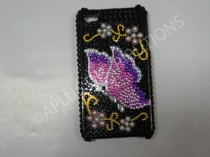 New Black Butterfly W/Pearls Design Crystal Bling Diamond Case For iPhone 4 - (0038)