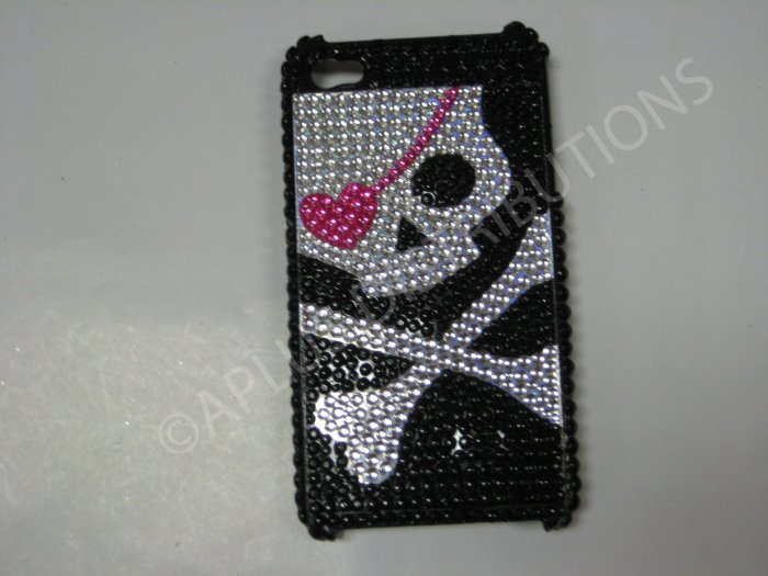 New White Skull Pink Patch Design Crystal Bling Diamond Case For iPhone 4 - (0029)