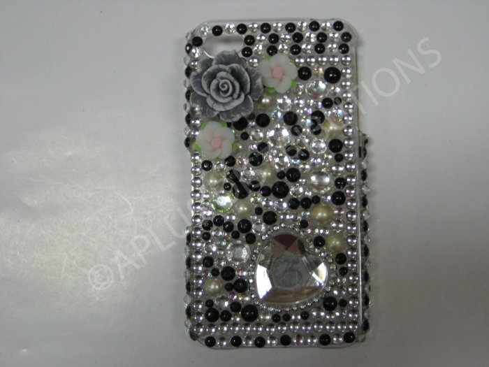 New Black 3D Flower W/Diamond Heart Design Crystal Bling Diamond Case For iPhone 4 - (0047)
