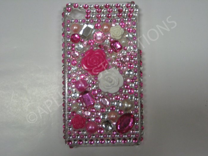 New Hot Pink 3D Flowers W/Diamond Design Crystal Bling Diamond Case For iPhone 4 - (0048)