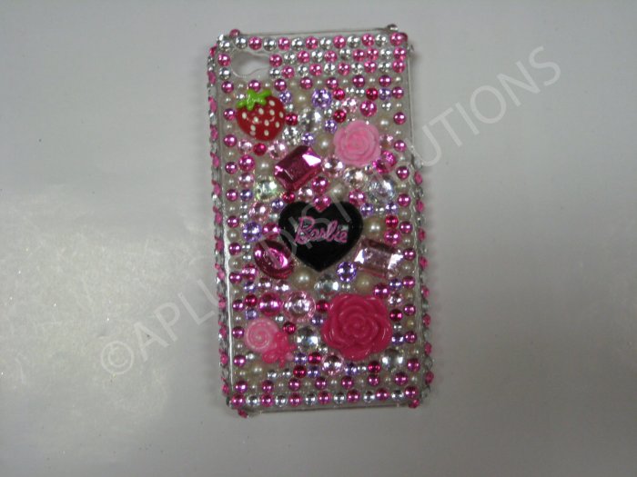 New Pink Barbie W/Flowers Design Crystal Bling Diamond Case For iPhone 4 - (0043)