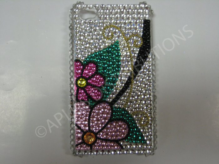 New Pink Flower W/Leaf Design Crystal Bling Diamond Case For iPhone 4 - (0040)