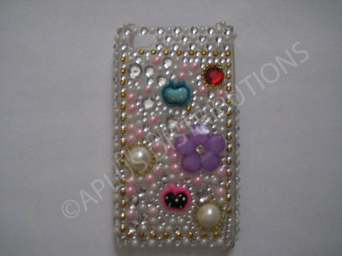 New White Apples/Flowers/Pearls Design Crystal Bling Diamond Case For iPhone 4 - (0042)