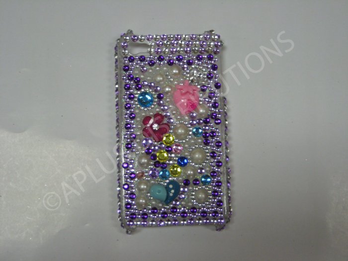 New Purple Strawberry/Heart/Flowers Design Crystal Bling Diamond Case For iPhone 4 - (0039)