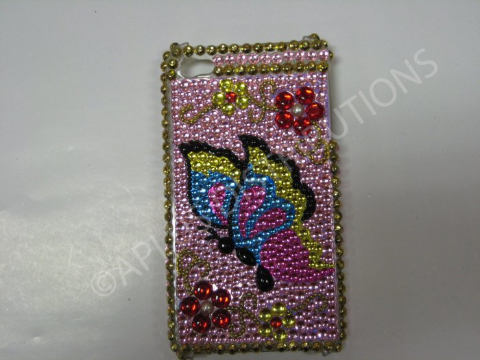New Multi-Color Butterfly Side W/Ruby Flower Design Crystal Bling Diamond Case For iPhone 4 - (0051)