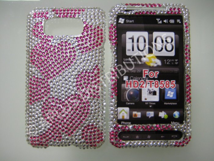 New Hot Pink Hearts Bling Diamond Case For HTC HD2 - (0025)